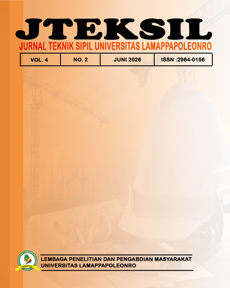 					View Vol. 4 No. 2 (2026): Jurnal Teknik Sipil Universitas Lamappapoleonro
				